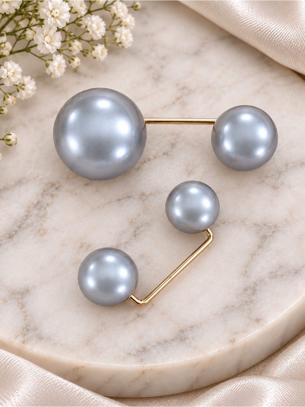 2pc Gray Pearl Scarf Brooch Pins Clothing Closure Fastener Set